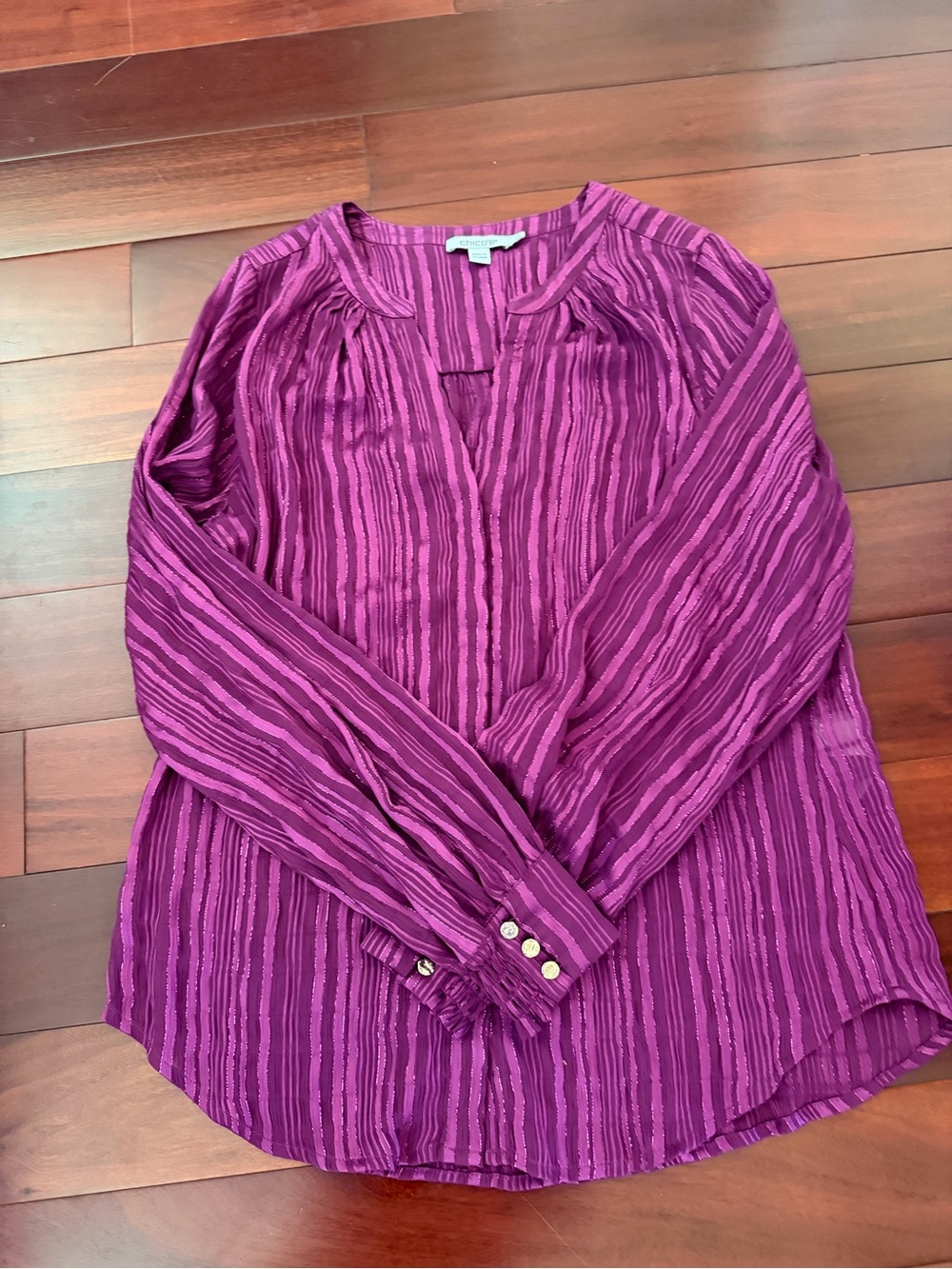 Chico's Purple Striped V-Neck Long-Sleeve Blouse